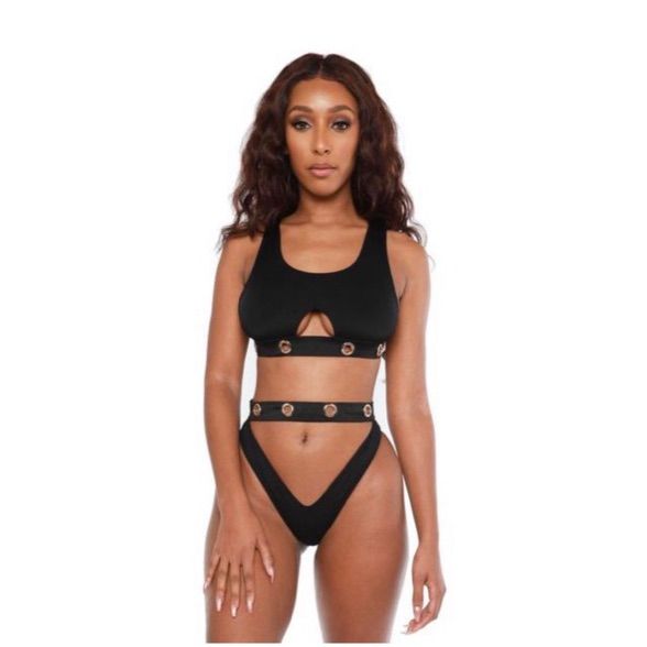 Two Piece Black Bikini Fitted Cutout Beach Crop Top, Fitted Cutout Crop Top For Beach, Black Triangle Top Swimwear For Club, Black Triangle Top Swimwear With Cutout, Black Cutout Triangle Top Swimwear, Black Triangle Crop Top For Poolside, Black Triangle Crop Top For Beach, Fitted Black Crop Top For Poolside, Black Beachwear Crop Top For Beach