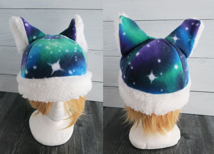 two pictures of a hat with stars on it and one has long hair in the middle