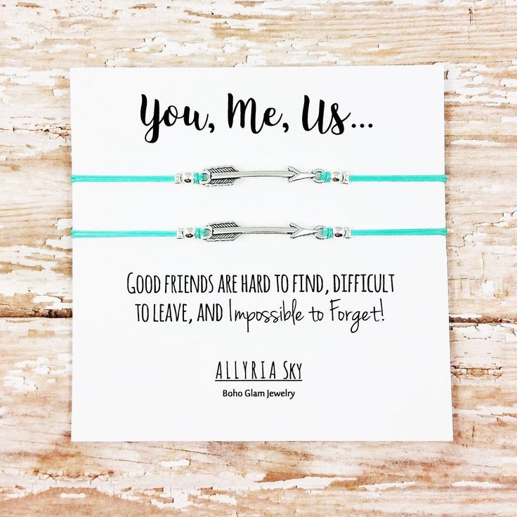 "Celebrate your BFF with this beautiful charm bracelet set. There is one to wear and one to share! L I S T I N G * I N C L U D E S: * TWO charm bracelets presented on ONE accompanying message card * Message card text: \"You, Me, Us... / Good friends are hard to find, difficult to leave, and impossible to forget!\" * Select your preferred charm style and cord color from the drop-down menus * Includes gift packaging See photos for cord color and charm options. Bracelet options as pictured: arrow c Inspirational Beaded Bracelets For Valentine's Day Friendship, Meaningful Friendship Bracelets, Inspirational Bracelets For Friendship Gift, Inspirational Friendship Bracelets For Mother's Day, Inspirational Jewelry For Friendship Gift, Inspirational Bracelet For Best Friend Gift On Mother's Day, Meaningful Adjustable Charm Bracelet, Meaningful Bracelets For Best Friend And Mother's Day, Personalized Adjustable Braided Bracelet For Best Friend