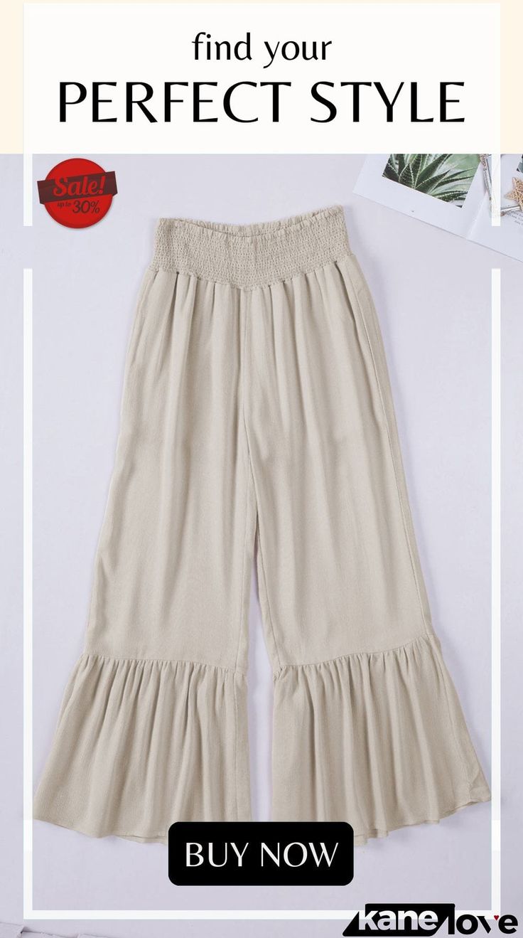 Khaki Smocked High Waist Ruffled Wide Leg Pants Casual Ruffled Trousers, Summer Wide Leg Bottoms With Ruffle Hem, Casual Solid Color Pants With Ruffles, Casual Wide-leg Pants With Ruffles, Solid Bottoms With Ruffle Hem For Summer, Casual Ruffle Hem Bottoms For Day Out, Casual Bottoms With Ruffle Hem For Day Out, Spring Bottoms With Ruffle Hem, Casual Wide Leg Bottoms With Ruffle Hem