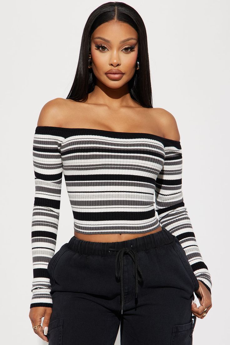 Available In Black/combo. Striped Sweater Long Sleeve Off Shoulder Cropped 50% Rayon 30% Polyester 20% Nylon Imported | Madisyn Off Shoulder Striped Sweater in Black size XL by Fashion Nova Trendy Black Off-shoulder Sweater, Trendy Off-shoulder Black Sweater, Striped Long Sleeve Crop Top For Fall, Black Off-shoulder Sweater For Spring, Black Fitted Off-shoulder Sweater, Fitted Black Off-shoulder Sweater, Fitted Off-shoulder Black Sweater, Fitted Striped Tops For Fall, Striped Fitted Tops For Fall