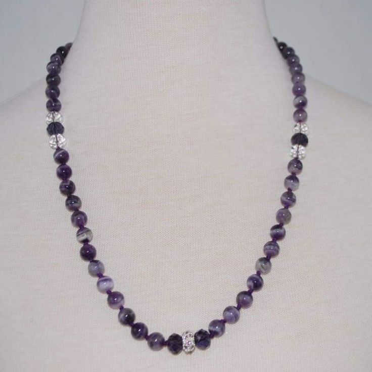 Amethyst gemstone with rhinestones beaded women's necklace. Custom made beautiful 10mm handmade necklace with ascended with silver-toned rhinestone. This necklace is individually knotted and fit for a beautiful female gift. Amethyst, a stone traditionally worn to guard against drunkenness and to instill a sober mind. Amethyst is the world's most popular purple gemstone. It is a purple color variety of quartz and has been used in personal adornment for over 2000 years. It is the birthstone of Feb Tuxedo Women, Current Fashion Trends, Rhinestone Bead, Purple Fashion, Handmade Necklace, Amethyst Gemstone, Fashion And Lifestyle, Purple Color, Handmade Necklaces