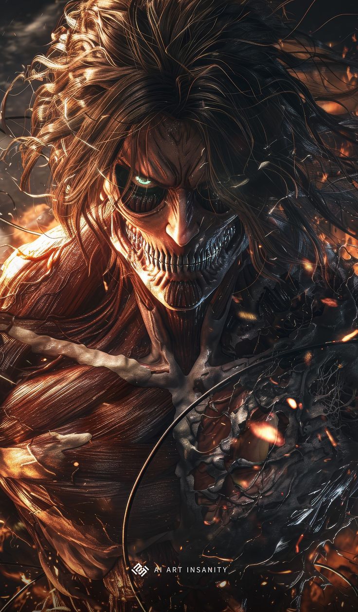 a demonic looking man with long hair and fangs on his face is surrounded by fire