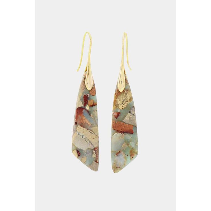 Elevate your style with our Handmade Natural Stone Dangle Earrings! Each earring is uniquely crafted with natural stones, making them a one-of-a-kind accessory. Add a touch of nature to your outfit and feel confident in your stunning and exclusive look. Perfect for any occasion, these earrings are a must-have for the fashion-forward individual. Tip: The patterns and colors of natural stones will not be exactly the same for each piece. Please refer to the actual product for an accurate representa Earthy Dangle Earrings With Ear Wire, Gold Natural Stones Earrings Nature-inspired, Gold Nature-inspired Earrings With Natural Stones, Nature-inspired Gold Earrings With Natural Stones, Earthy Multicolor Earrings For Gift, Earthy Multicolor Earrings Perfect For Gifts, Dangle Earrings With Natural Agate Stones, Agate Dangle Earrings With Natural Stones, Agate Natural Stone Dangle Earrings