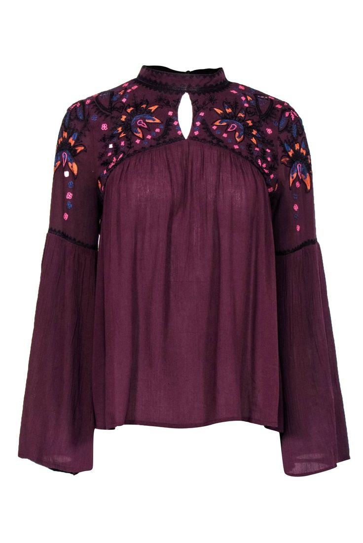 Current Boutique-Parker - Burgundy Peasant Blouse w/ Floral Design Sz S Spring Folk Blouse With Boho Print, Bohemian Peasant Top With Embroidered Neckline, Flowy Bishop Sleeve Tops For Fall, Casual Fall Festival Peasant Top, Flowy Long Sleeve Blouse With Floral Embroidery, Flowy Bohemian Embroidered Top, Fall Festival Blouse With Floral Embroidery, Peasant Style Flowy Blouse For Festivals, Flowy Peasant Blouse For Festival