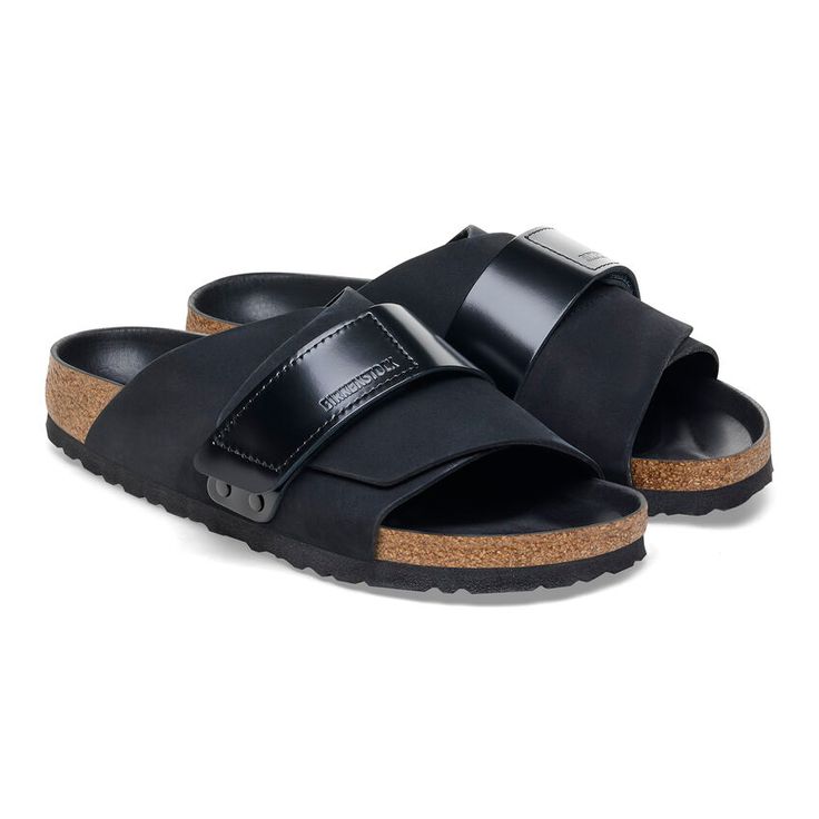 Kyoto Nubuk Leather Modern Leather Slides With Textured Footbed, Modern Slide Sandals With Leather Sole, Modern Leather Sandals With Cushioned Footbed, Modern Leather Slides With Buckle Closure, Modern Leather Footbed Sandals With Cushioned Footbed, Black Double Strap Footbed Sandals With Leather Sole, Modern Adjustable Slide Sandals, Modern Leather Slip-on Footbed Sandals, Modern Slip-on Sandals With Leather Footbed