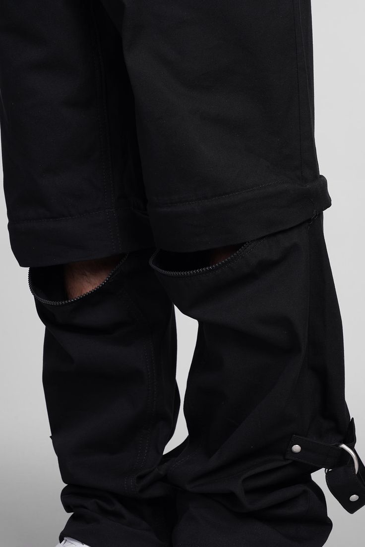 Pants In Black Cotton Black Tapered Leg Bottoms With Zip Fly, Black Urban Work Pants With Hip Pockets, Urban Black Work Pants With Hip Pockets, Black Urban Work Pants, Black Techwear Pants With Straight Leg, Black Straight Leg Techwear Pants, Straight Streetwear Pants With Zip Fly, Black Wide Leg Pants With Zip Fly, Straight Pants For Streetwear