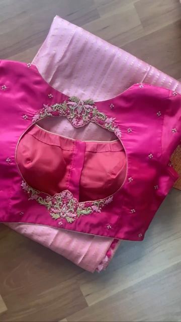 Cutwork Blouse Designs Silk, Pink Blouses Designs, Back Designs For Blouse, Pink Colour Blouse Designs, Work Designs For Blouses, Simple Hand Work Blouse Designs, Pink Designer Blouse, Cut Work Blouse Designs, Simple Maggam Work Blouses