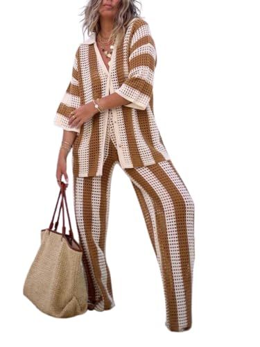 Ikat Kepala, Knit Two Piece Set, Wide Leg Pant Suit, Cardigan Casual, Two Piece Pants Set, Top Pants Set, Casual Stripes, Plus Size Kleidung, Casual Sets