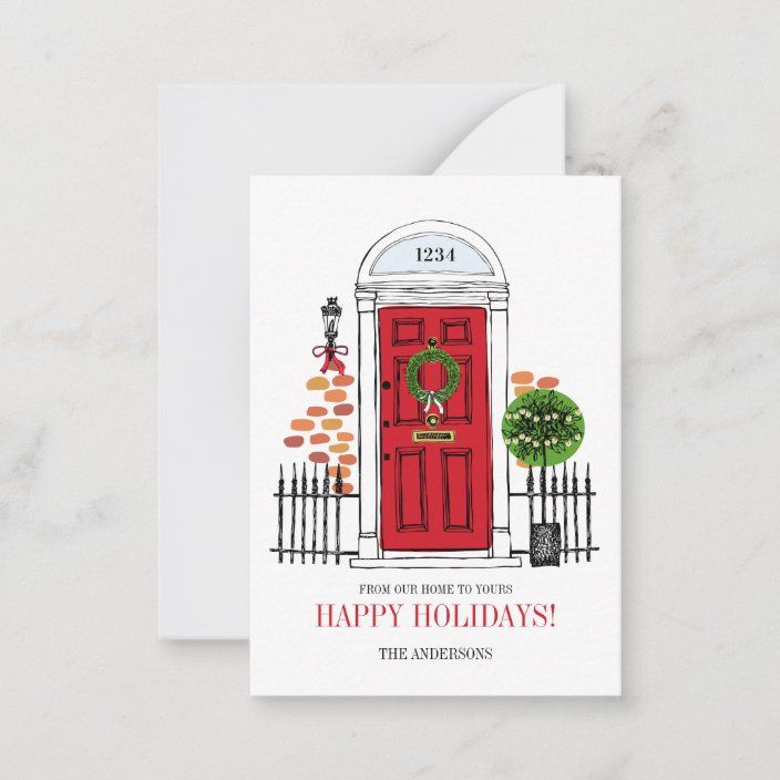 a christmas card with an illustration of a red door and the words happy holidays on it