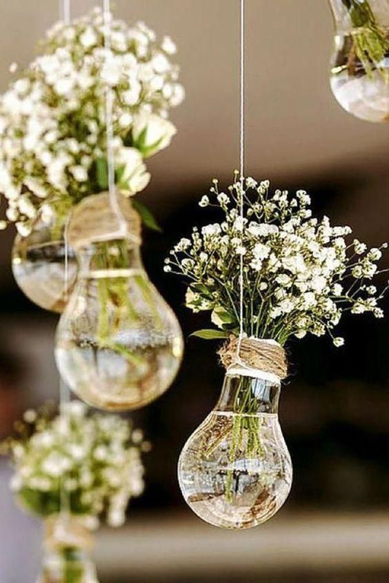 Rustic Baby's Breath Wedding Hanging Decorations with Light Bulbs - If you say i do Colin Cowie Wedding, Rustic Wedding Decorations, نباتات منزلية, Babies Breath, Wedding 2025, Rustic Baby, Cute Wedding Ideas, Wedding Forward, Wedding Diy