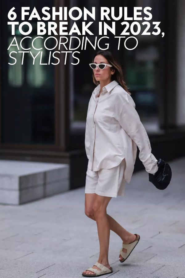 a woman walking down the street wearing sandals and a white shirt with text that reads 6 fashion rules to break in 2013, according to stylists