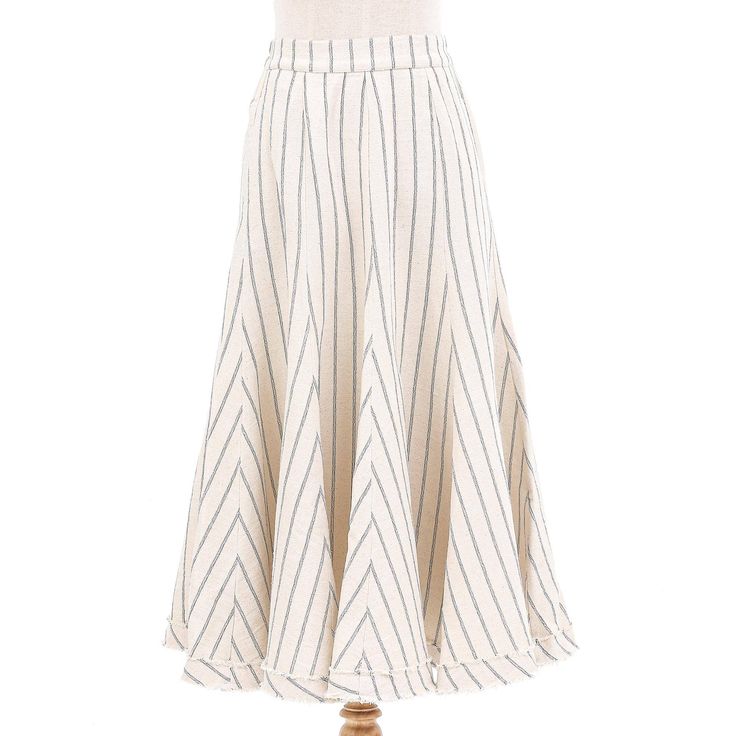 This midi skirt from Thai artisan Jamriang will quickly become a favorite, with its comfortable fit and feminine silhouette. Crafted from cotton, the striped skirt features an elasticized waistband, two side pockets and a stylish raw-edge hem. Relaxed Fit Cotton Full Skirt, Cotton Full Skirt With Lining, Full Cotton Skirt With Lining, Spring Cotton Bottoms With Striped Hem, Cotton Lined Flared Skirt, Cotton Flared Skirt With Lining, Cotton Lined Flowy Skirt, Flowy Cotton Lined Skirt, Striped Flared Skirt For Summer