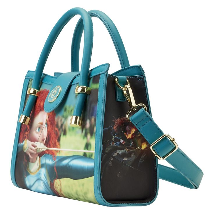 Take fate into your own hands. The Loungefly Brave Merida Princess Scene Crossbody Bag features unique scenes from Disney-Pixar’s animated feature displayed across each panel of the bag. Turn the bag around and you will find inspiring moments from Merida’s journey, including her archery triumph and transformative moments with her family. A molded metal rivet of Merida’s pendant secures the front and back of the bag. This spellbound accessory will keep your belongings safe on any journey and is p Daily Disney Style Bag, Disney Style Shoulder Bag For Travel, Disney Bags For Daily Use, Disney Style Travel Shoulder Satchel Bag, Disney Satchel Bag For Everyday Use, Disney Style Rectangular Shoulder Bag For Travel, Disney Style Shoulder Bag With Removable Pouch, Disney Rectangular Shoulder Bag For Travel, Themed Rectangular Bags For Daily Use