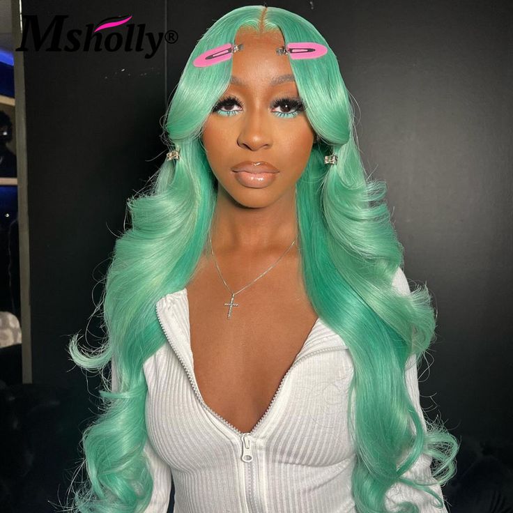 Mint Green Body Wave Human Hair Wigs 13x4 Lace Frontal Wigs Preplucked Green Colored 180 Density Colored Human Hair Wigs, Mint Green Hair, Frontal Wig Hairstyles, Wig Styling, Green Wig, Hair Curls, Type Shi, Hairstyle Inspo, Hair Idea