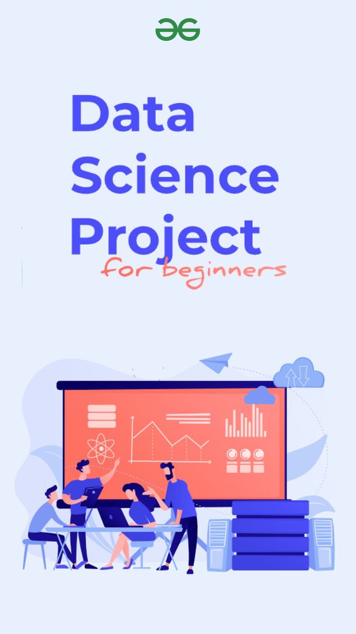 data science project for beginners poster with people working on a big screen in the background