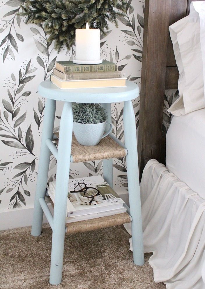 a small blue table with a candle on top