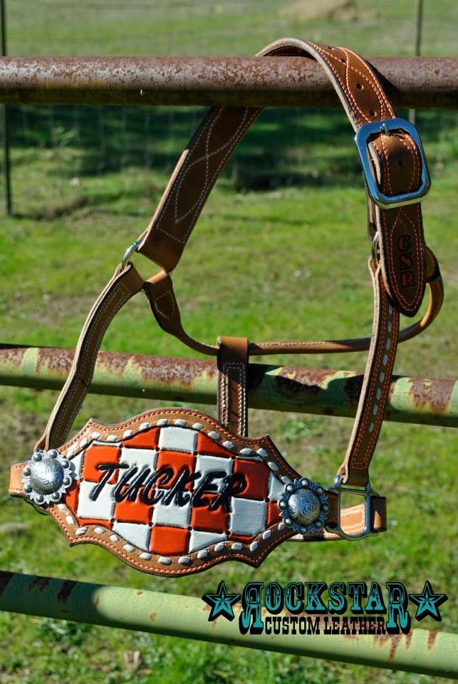 a horse bridle with an orange and white checkerboard design on it