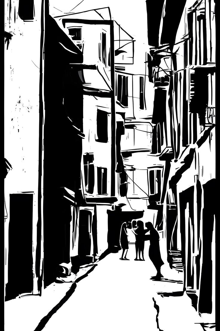 black and white drawing of people walking down an alleyway