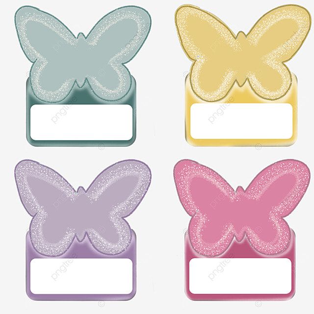 four different colored butterflies with white labels in the middle and one is pink, blue, yellow