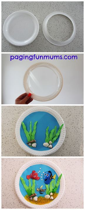 paper plates with fish and seaweed on them are ready to be made into an ocean scene