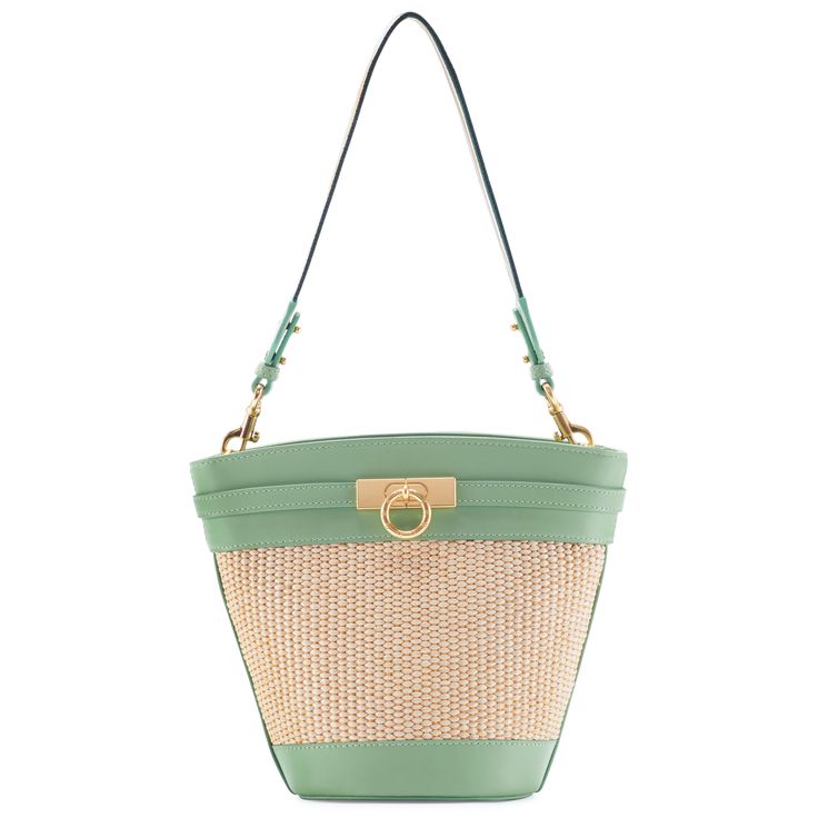 The timeless and trend-setting design of the Unlocked Bucket Bag is a must-have. It can be worn by its adjustable, removable shoulder strap or elegantly draped over your shoulder with an alternative woven strap. With its spacious interior, it's a wardrobe staple for your everyday adventures. Parisa Wang, Everyday Adventures, The Madison, Woven Raffia, Bag Green, New Green, Goodie Bags, Perfect Bag, Green Bag