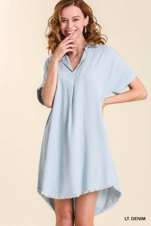 Looking for a stunning dress to add to your wardrobe? Look no further than the All About Us Dress. This vneck collared dress features a hi-lo scoop hemline with a frayed hem and folded cuffs, while the linen blend and relaxed fit combine to create the perfect casual look. With this dress, you're sure to stand out wherever you go - so order now and make it all about you! 55% Linen, 45% Cotton Want to view this on the *Live* Sizing & Styling Guide?! Watch it in the photo section above or click her Cotton V-neck Shirt Dress For Day Out, Chic Cotton V-neck Tunic, Linen V-neck Tunic For Daywear, Chic V-neck Tunic For Spring, Spring Cotton Shift Shirt Dress, Cotton Shift Dress With V-neck, Casual Cotton Spring Tunic, Casual Cotton Tunic For Spring, Casual Spring Cotton Tunic