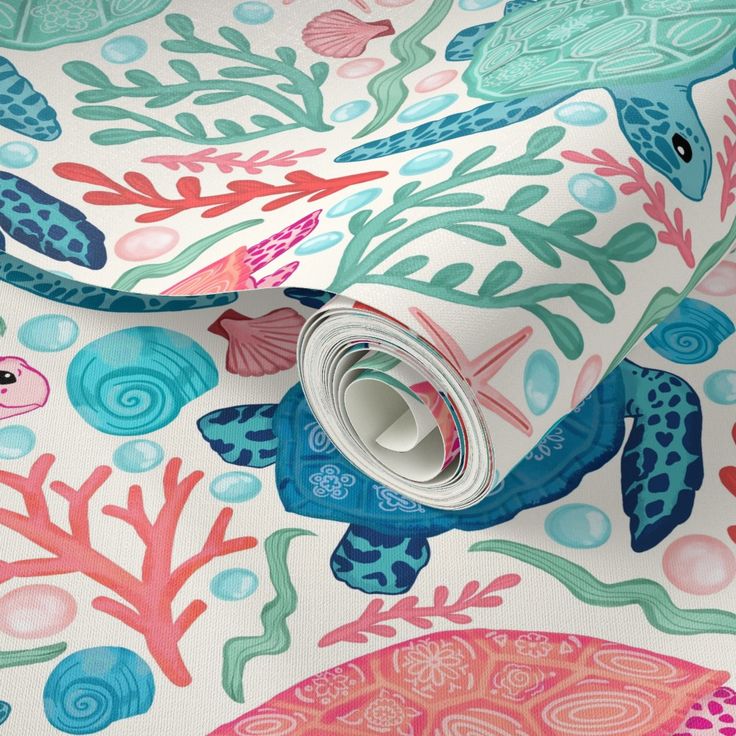 an ocean themed wallpaper with blue, pink and green sea animals