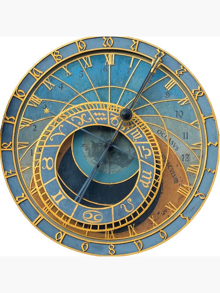 a large blue and gold clock with roman numerals on it's face