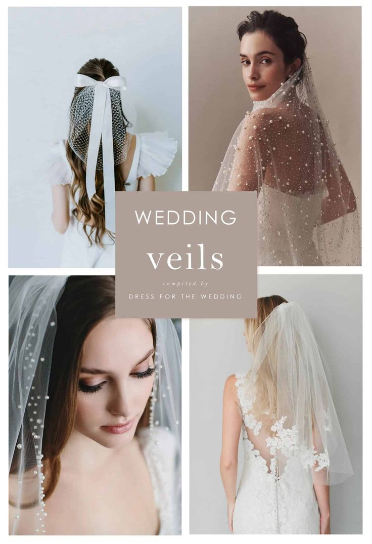 A collage of 4 images of various styles of wedding veils Bridal Veil Inspiration, Wedding Veil Boho, Types Of Veils Wedding, Veils Bridal Hair Down, Bridal Veil Ideas, Wedding Veil Hairstyles, Veil Length Guide, Veil Types, Veil Lengths