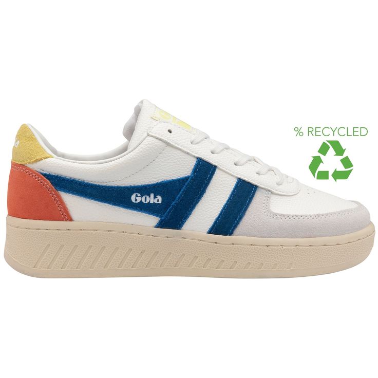 Buy Gola womens Grandslam Trident sneakers in white/blue/limelight. Retro Sneakers With Gum Sole For Sports, Sporty High-top Sneakers With Gum Sole For Light Sports, Retro Sports Sneakers With White Sole, Urban Sneakers With Gum Sole For Light Sports, Urban Sneakers With Gum Sole, Mid-top Sneakers With Gum Sole For Light Sports, Retro Sneakers With White Sole And Speckled Midsole, Sporty Sneakers With Gum Sole, Comfortable High-top Sneakers With Gum Sole