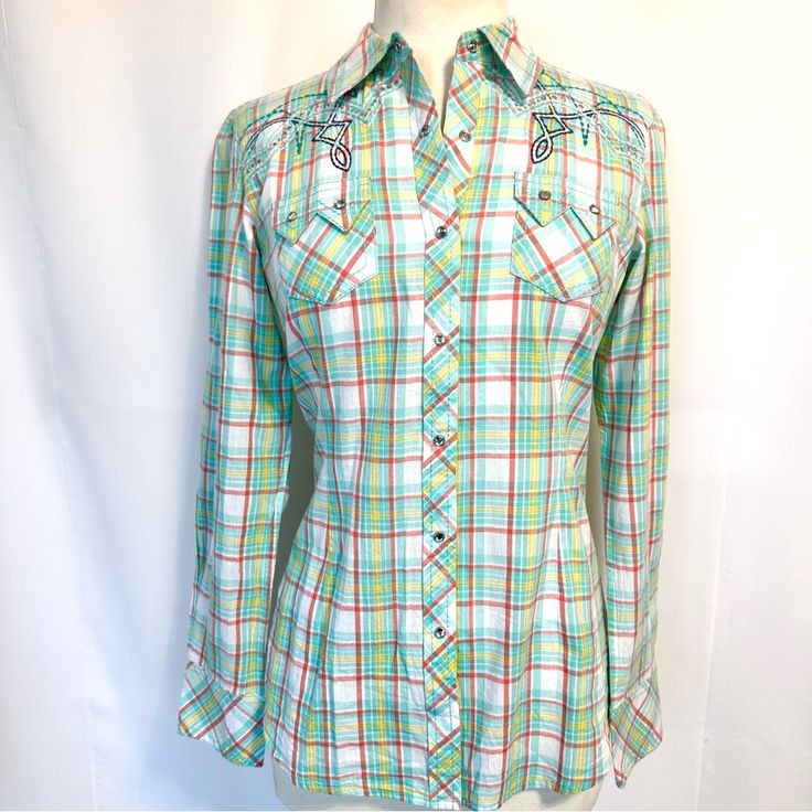 New Ariat Pastel Plaid Rhinestone Snap Front Bling Embroidered Western Shirt Szs New With Tags! Blinged, Embroidered And Ready For Rodeo And Festival Season! Gorgeous In Pastel Turquoise, Orange And Yellow. Rhinestone Snap Button Up Shirt With Stunning Embroidery. Rhinestones Adorn All Snap Buttons And Decorate The Back Of This Beautiful Little Top! Brand New With Tags! 100% Cotton. Flat-Lay Measurements Pit To Pit-19” Waist-17.5” Length-27” Shoulders-15.5" Sleeve-24” Casual Fitted Shirt With Multicolor Embroidery, Fitted Casual Shirt With Multicolor Embroidery, Fitted Shirt With Multicolor Embroidery For Spring, Fitted Cotton Shirt With Multicolor Embroidery, Spring Rodeo Shirt With Snap Buttons, Snap Button Button-up Tops For Rodeo, Snap Button-up Tops For Rodeo, Embroidered Button-up Western Tops, Western Blouse