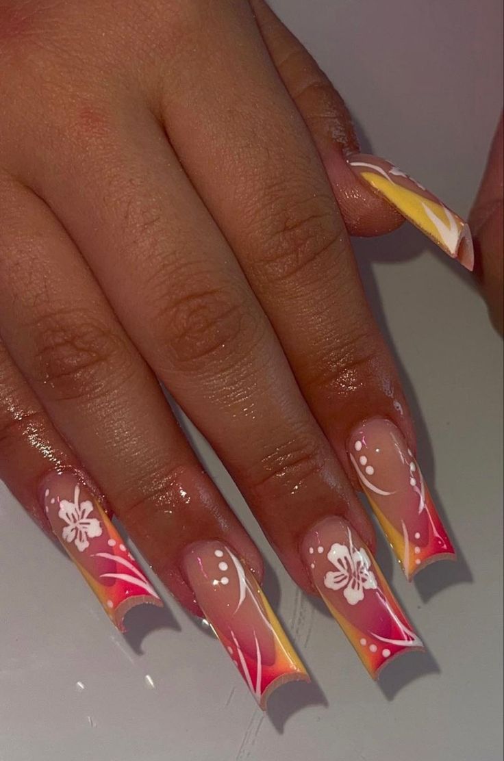 Hawaiian Nails, Hawaii Nails, Cruise Nails, Acrylic Toe Nails, Summery Nails, Hawaiian Theme, Short Square Acrylic Nails, White Nail Designs, Vacation Nails