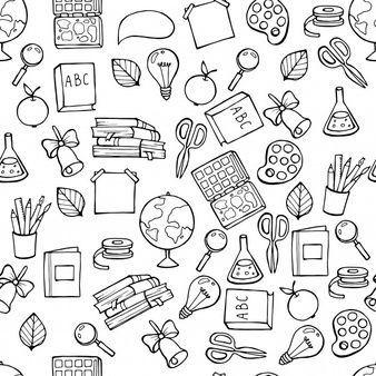 a black and white drawing of school supplies