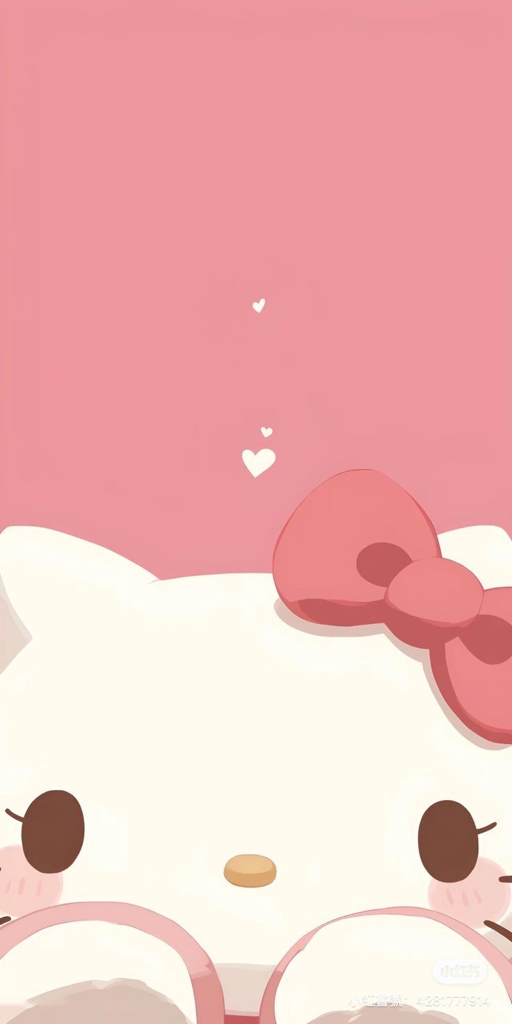 the hello kitty wallpaper is pink and has heart shaped pillows on top of it