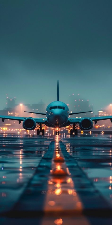 an airplane is sitting on the runway at night, with lights reflecting off the tarmac