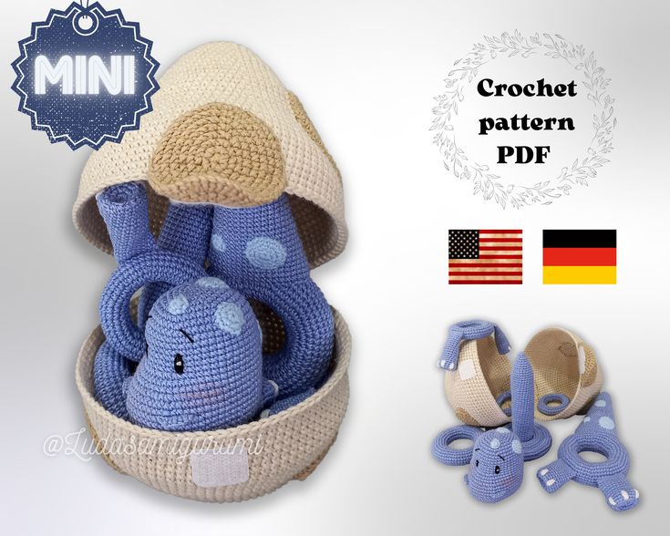 a crochet pattern for a stuffed animal in a basket with two pairs of shoes