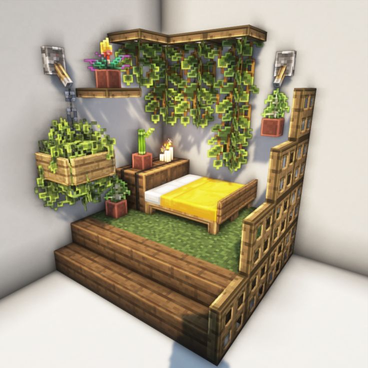 a bed room with plants growing on the wall and stairs leading up to the bed