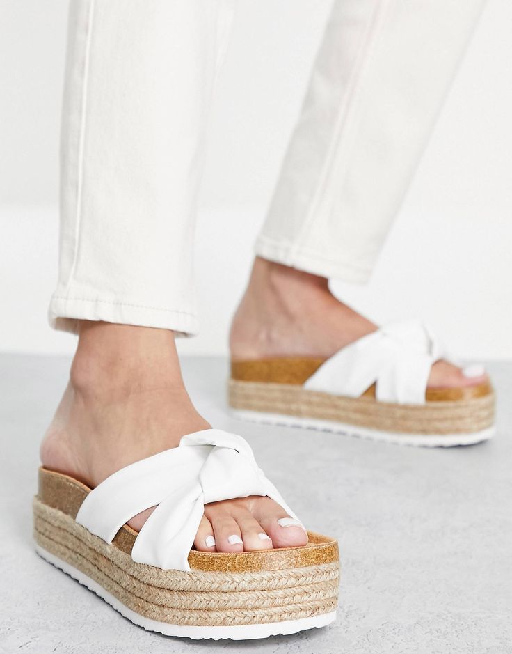 ASOS DESIGN Teegan knotted flatform sandals in white | ASOS Trendy White Adjustable Wedge Sandals, White Toe Post Sandals With Textured Footbed, White Textured Toe Post Sandals, White Platform Footbed Sandals, White Sandals With Woven Sole For Spring, White Sandals With Woven Sole And Round Toe, White Flat Sandals With Textured Sole, Casual White Adjustable Wedge Sandals, White Platform Footbed Sandals For Vacation