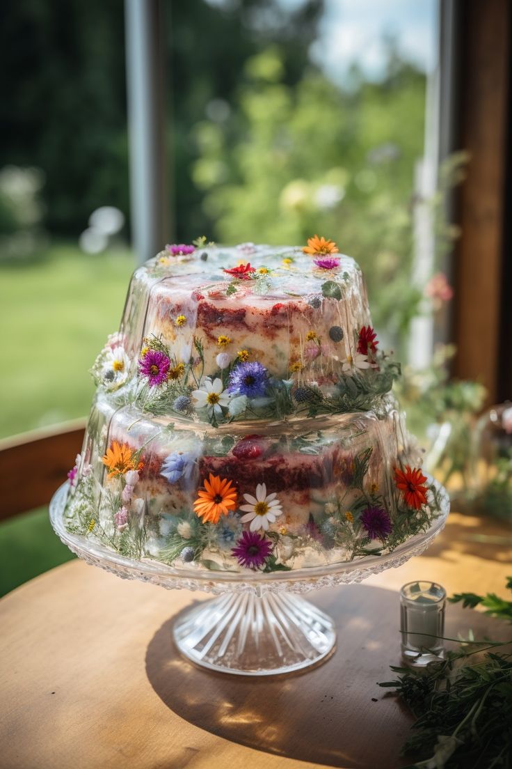 a cake with flowers on it sitting on top of a wooden table next to a window