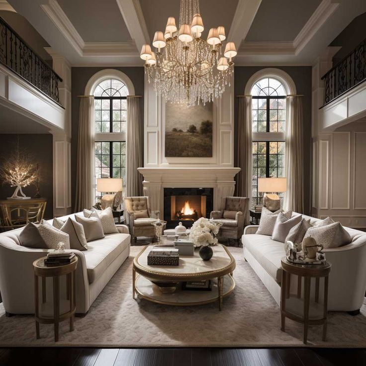 a living room filled with lots of furniture and a chandelier hanging from the ceiling