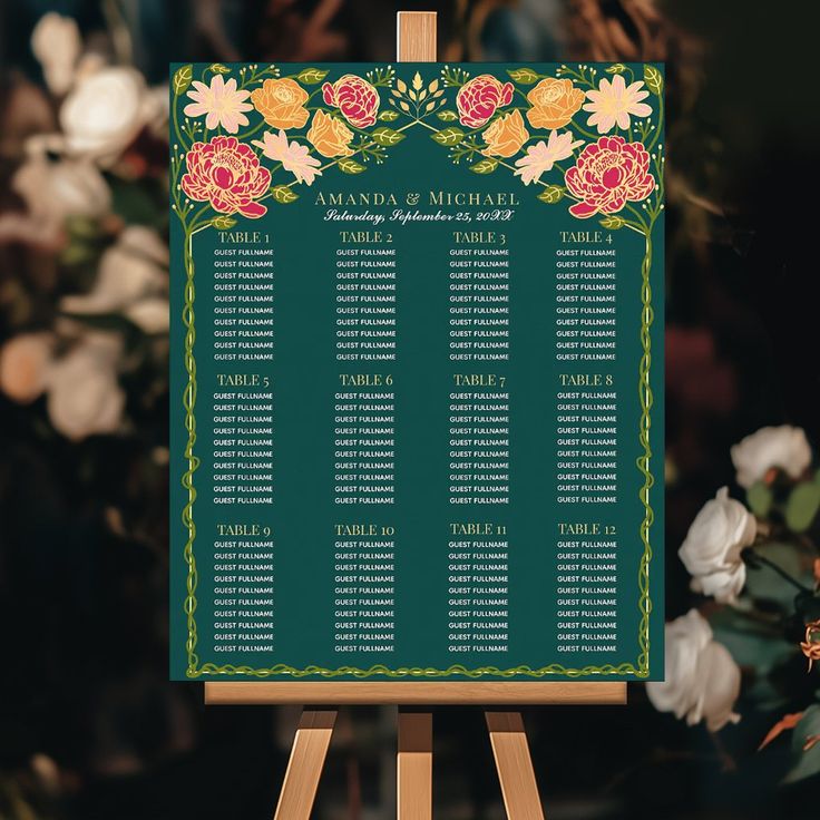 a green and yellow floral wedding seating chart on an easel with flowers in the background