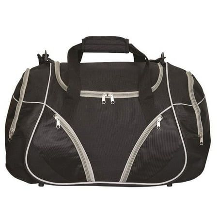 a black and grey duffel bag on a white background