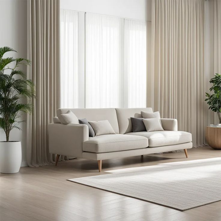 a living room with a white couch and potted plants