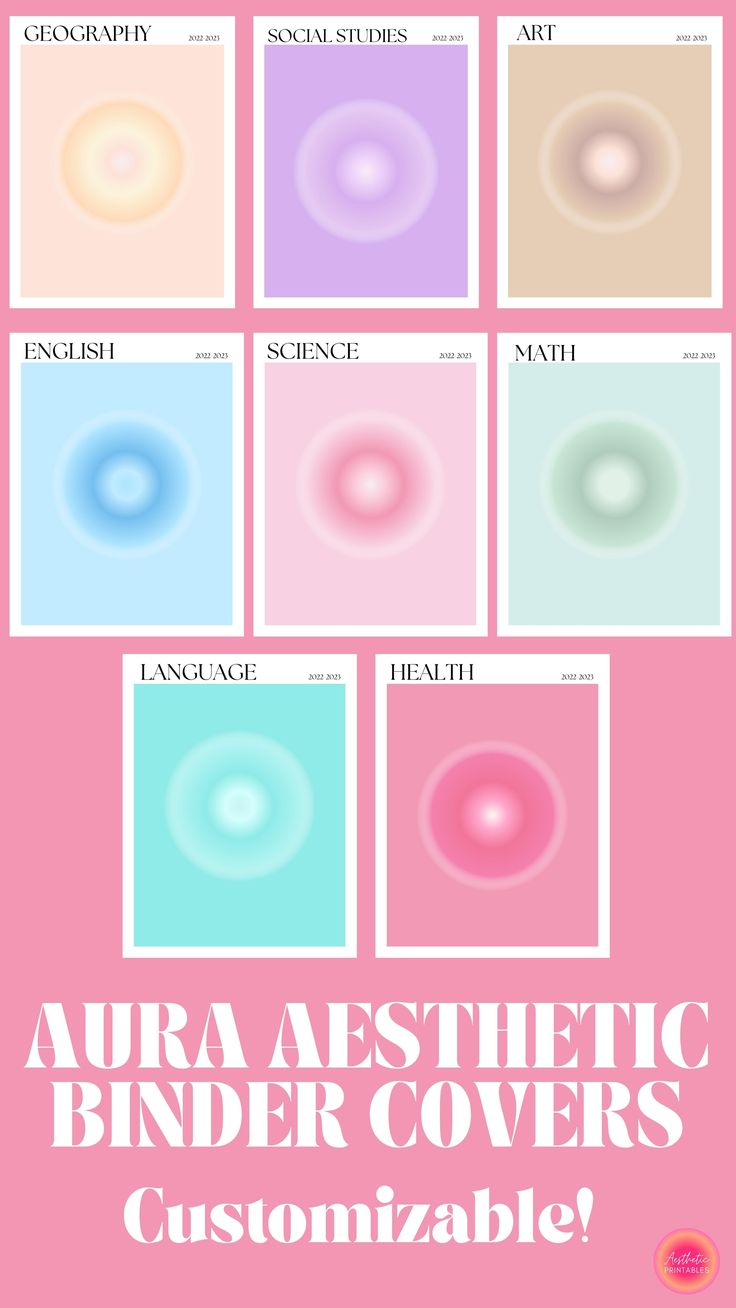 four different colored circles with the text aura aesthetic binder covers customizable?