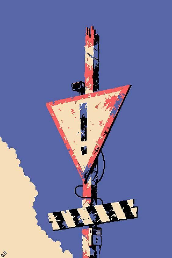 an upside down traffic sign in front of a blue sky with white clouds and black and red stripes