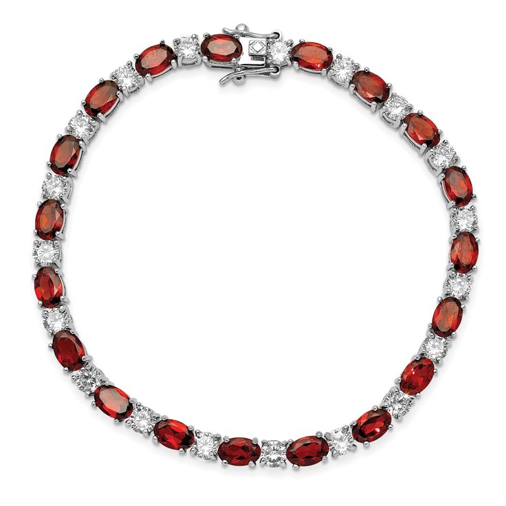 Sterling Silver Polished Finish Garnet and Cubic Zirconia Bracelet with Box Catch Clasp Red Diamond Bracelet For Formal Occasions, Formal Red Diamond Bracelets, Red Diamond Bracelets Fine Jewelry, Red Oval Diamond Gemstone Bracelet, Red Diamond Oval Tennis Bracelet, Fine Jewelry Red Diamond Bracelet For Formal Occasions, Red Oval Diamond Classic Bracelet, Red Diamond Fine Jewelry Bracelet, Red Oval Classic Diamond Bracelet