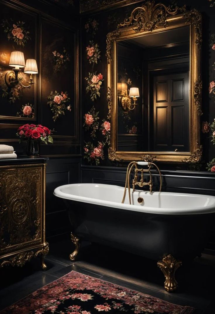 an ornate bathroom with black walls and floral wallpaper, gold trimming on the bathtub