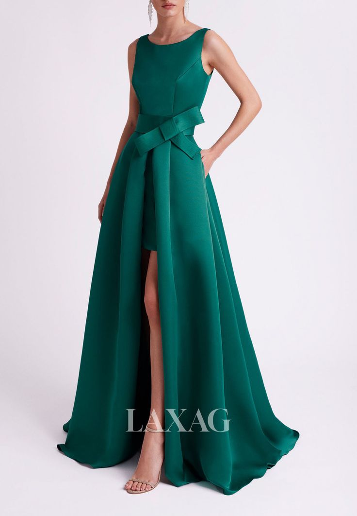 Expertly designed for a stunning silhouette, this A-Line Round Open Back Sleek Satin Cocktail Party Formal Evening Dress with Train is perfect for your next special occasion. The sleek satin fabric adds an elegant touch while the open back and train add a sexy flair. Feel confident and sophisticated in this must-have dress. Elegant Green A-line Gown, Elegant Green A-line Evening Dress, A-line Cocktail Gown For Evening Events, Fitted A-line Gown For Banquet, Fitted A-line Gown For Banquets, Green A-line Evening Dress With Fitted Bodice, Party Gown With Fitted Bodice And A-line Silhouette, Green Sleeveless Evening Dress For Gala, Elegant Green Gown For Evening