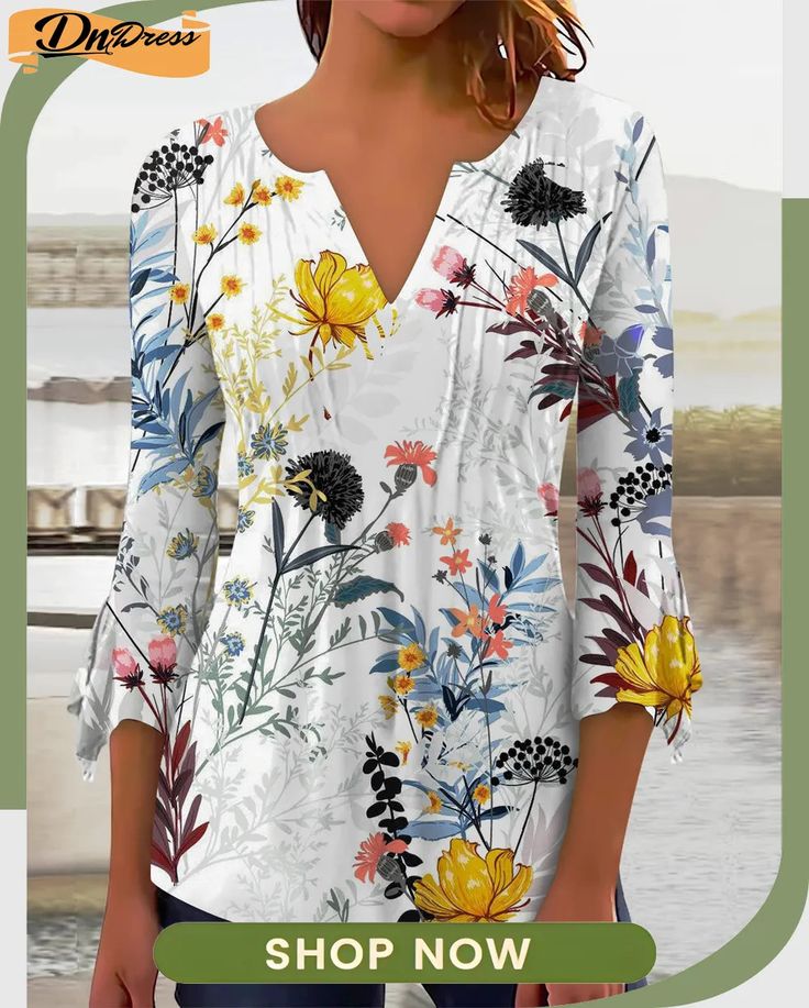 Women's Graphic Floral Printed Sequins V-neck Long Sleeved Top Spring V-neck Stretch Blouse, White V-neck Top For Spring Vacation, V-neck Stretch Blouse For Vacation, Stretch V-neck Printed Blouse, Stretch V-neck Blouse For Vacation, Casual Spring Blouse With Notched Neckline, Casual Blouse With Notched Neckline For Spring, Stretch Floral Print V-neck Blouse, Spring Vacation V-neck Top